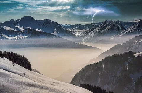 Dramatic Morning View Of Mountain Stock Photos