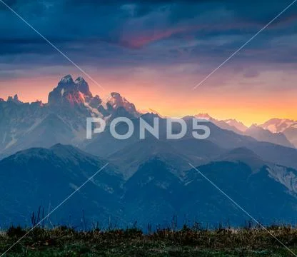 Dramatic morning view of mountain Ushba Stock Photos