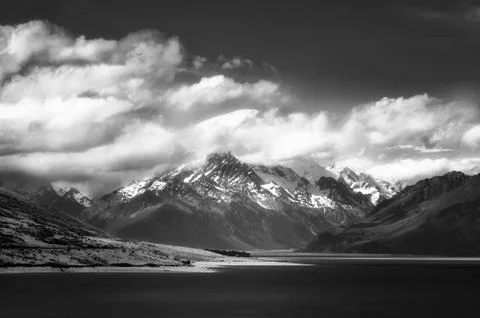 Dramatic Mount Cook View in black and white in New Zealand Stock Photos