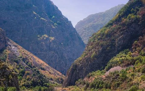 Dramatic Mountain Canyon with Rocky Cliffs, Forested Slopes and Scenic Valley Photos