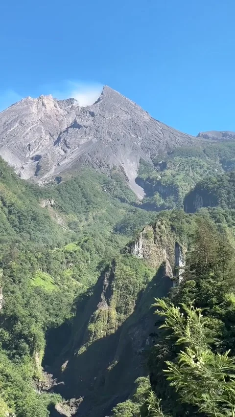 Dramatic Mountain Cliffs and Lush Green Valley Under Clear Blue Sky Stock Footage 325324231