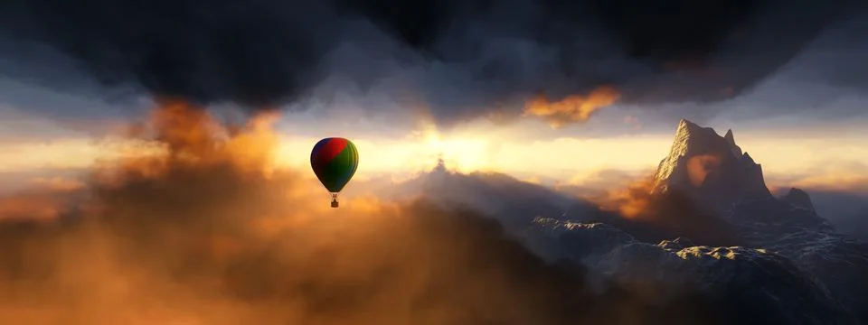 Dramatic Mountain Landscape and Hot Air Balloon Flying Illustrazione stock