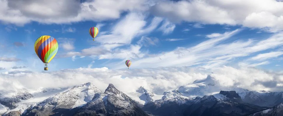 Dramatic Mountain Landscape and Hot Air Balloon Flying Stock Illustration