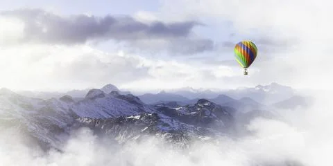 Dramatic Mountain Landscape and Hot Air Balloon Flying Stock Illustration