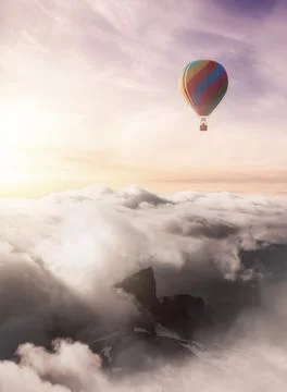 Dramatic Mountain Landscape and Hot Air Balloon Flying Stock Illustration