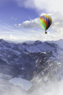 Dramatic Mountain Landscape and Hot Air Balloon Flying Stock Illustration