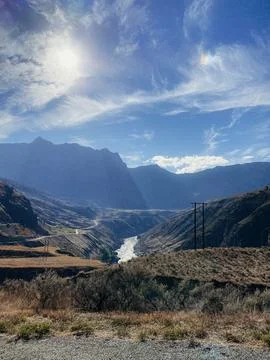 Dramatic mountain landscape beneath blue sky in Canada. Stock Photos