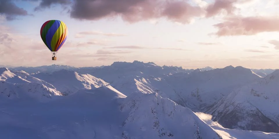 Dramatic Mountain Landscape covered in clouds and Hot Air Balloon Flyin Stock Illustration