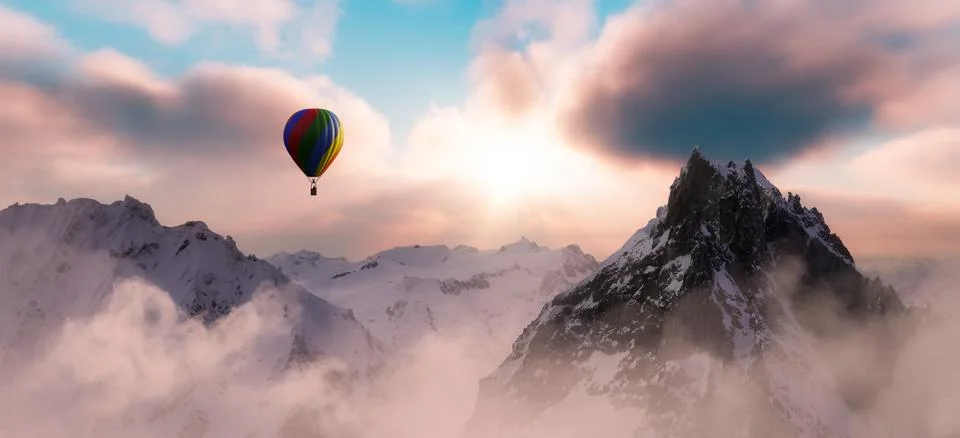Dramatic Mountain Landscape covered in clouds and Hot Air Balloon Flying. Stock Illustration