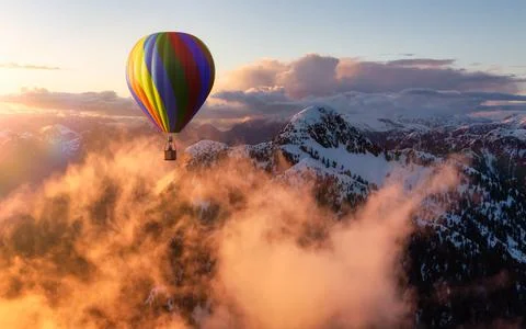 Dramatic Mountain Landscape covered in clouds and Hot Air Balloon Flying. Stock Illustration