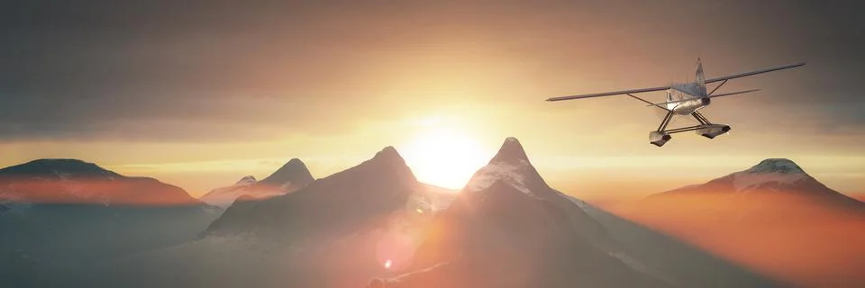 Dramatic Mountain Landscape covered in clouds. Seaplane aircraft Flying. Stock Illustration