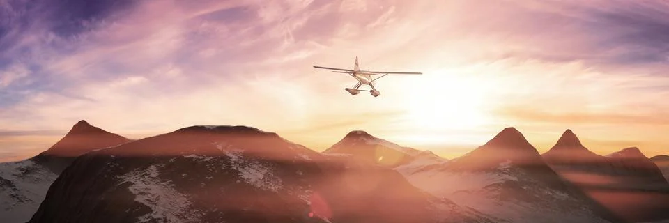 Dramatic Mountain Landscape covered in clouds. Seaplane aircraft Flying. Stock Illustration