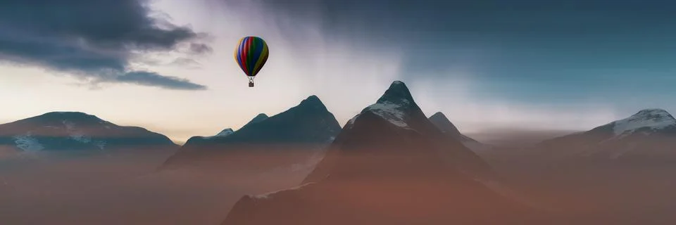 Dramatic Mountain Landscape covered in clouds. Hot Air Balloon aircraft Flying. Stock Illustration