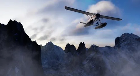 Dramatic Mountain Landscape covered in clouds. Seaplane aircraft Flying. Stock Illustration