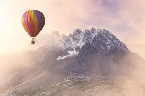 Dramatic Mountain Landscape with Hot Air Balloon Flying. Stock Illustration