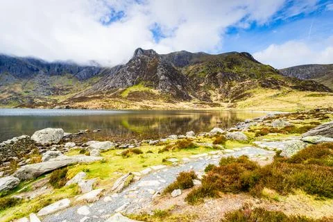 Dramatic Mountain Landscape of Llyn Idwal and Cwm Idwal, North Wales Highland Stock Photos