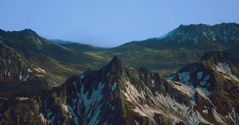 Dramatic mountain landscape showcasing rugged peaks and lush valleys Stock Illustration