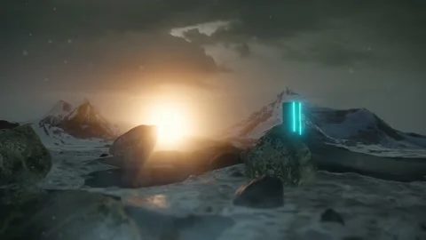 A Dramatic Mountain Landscape with a Spaceman Exploring Stockbeeldmateriaal 236594171