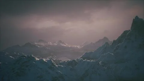 Dramatic mountain landscape under cloudy skies in a winter twilight setting Stock Illustration