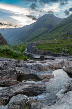 Dramatic mountain pass of Glencoe in the Scottish Highlands. Stock Photos