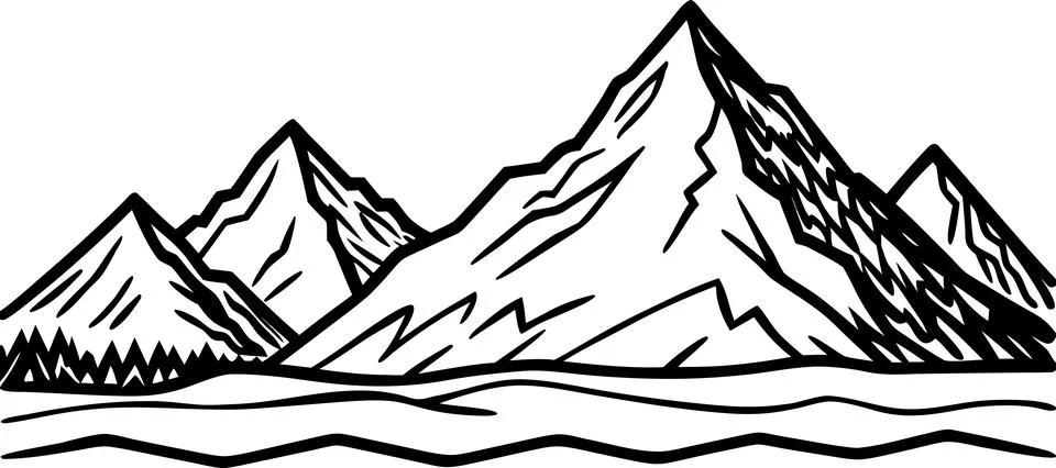 Dramatic mountain range landscape with trees and water sketch artistic style Stock Illustration