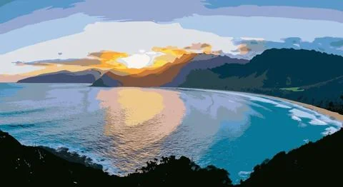 Dramatic mountain sunset over the ocean Stock Illustration