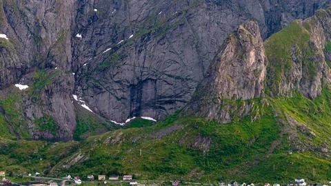Dramatic Mountain Valley with Waterfall in Lofoten Norway Фото