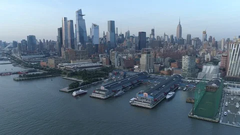 Dramatic New York City Skyline With Hudson Yards And Empire State Building Stock Footage
