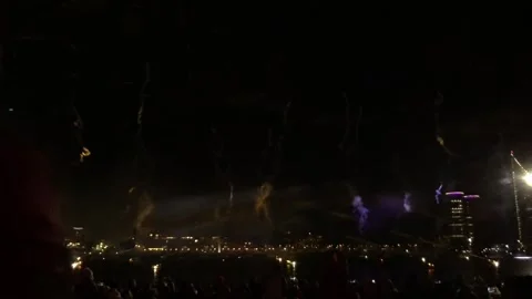 A dramatic night fireworks display paints the sky and water in deep red hues Stock Footage 312678624