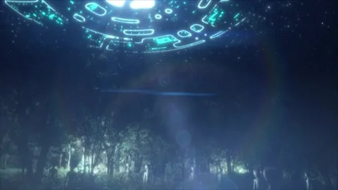 Dramatic night scene of a glowing UFO flyover with a camera tilt down into dark Stock Footage 311111386