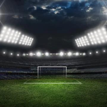 Dramatic Night View of Soccer Stadium and Football Pitch with Floodlights Stock Illustration