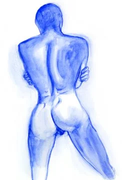 Dramatic Nude Male in Waiting Back Illustration in Cobalt Blue Stock Illustration