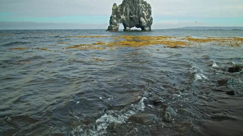 Dramatic ocean cliff in north Iceland with Hvítserkur rock formation. Stock Footage 293637838