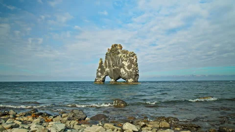 Dramatic ocean cliff in north Iceland with Hvítserkur rock formation. Stock Footage 293637886