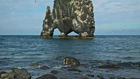 Dramatic ocean cliff in north Iceland with Hvítserkur rock formation. Stock Footage 293637947