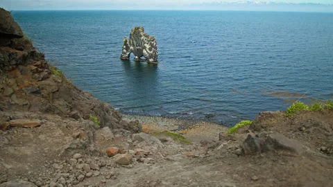 Dramatic ocean cliff in north Iceland with Hvítserkur rock formation. Stock Footage 293637963