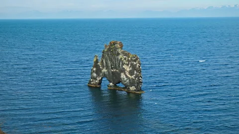 Dramatic ocean cliff in north Iceland with Hvítserkur rock formation. Stock Footage 293637964