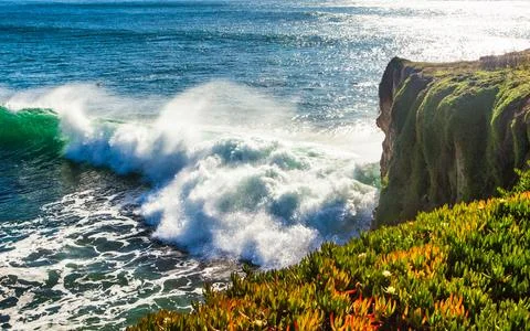 Dramatic ocean wave crashing against a green cliff covered in vegetation un.. Stock Photos