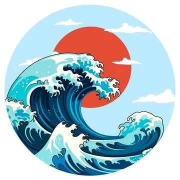 Dramatic Ocean Wave with Red Sun and Clouds Illustrazione stock