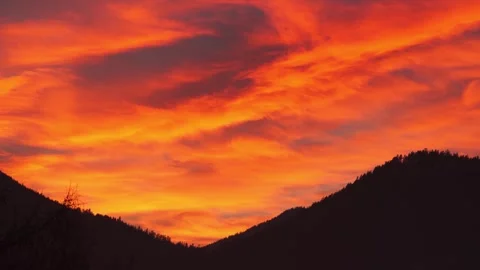 Dramatic orange and red sky after sunset over dark hills with trees silhoue.. Stock Footage 345431042