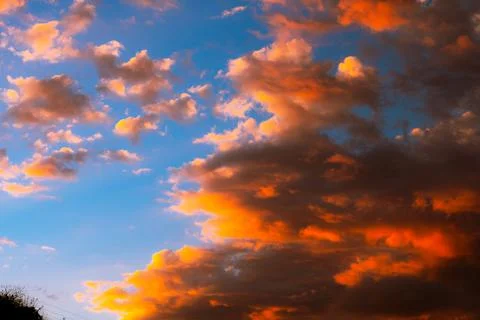 Dramatic orange clouds at sunset. Cloudscape abstract background photo. Stock Photos