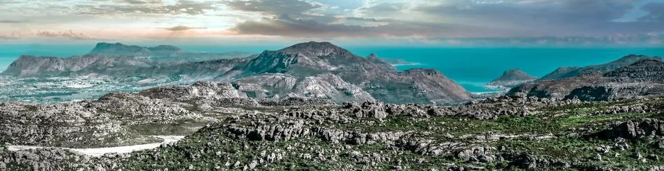 Dramatic panorama from atop Table mountain looking to the Southern coast Stock Photos