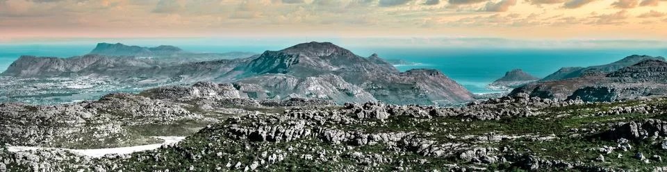 Dramatic panorama from atop Table mountain from the top, South coast Stock Photos