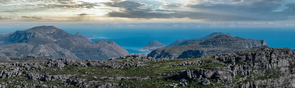 Dramatic panorama from atop Table mountain, looking towards the Southern coast Stock Photos