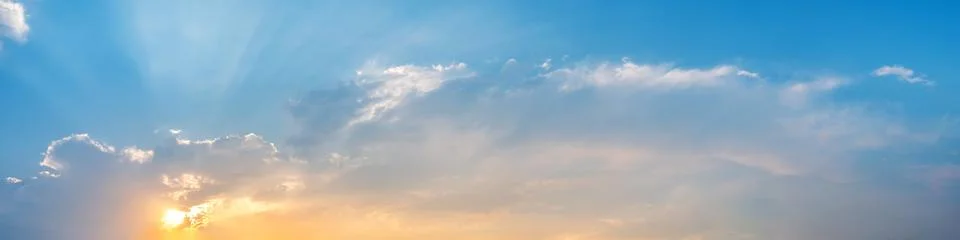 Dramatic panorama sky with cloud on sunrise and sunset time. Stock Photos