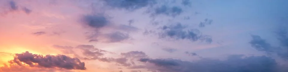 Dramatic panorama sky with cloud on sunrise and sunset time. Stock Photos