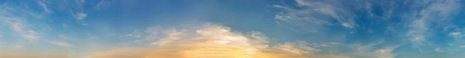 Dramatic panorama sky with cloud on sunrise and sunset time. . Stock Photos