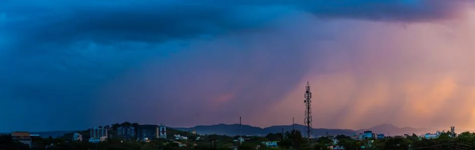 Dramatic panorama view of evening gradient sky at Pune city Stock Photos