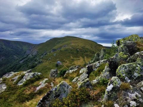 Dramatic panorama view over a mountain restaurant to Le Hohneck mountain Stock Photos