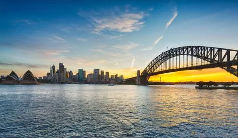 Dramatic panoramic sunset photo sydney harbor Stock Photos